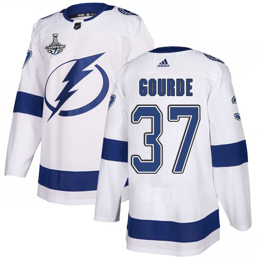 Men Adidas Tampa Bay Lightning #37 Yanni Gourde White Road Authentic 2020 Stanley Cup Champions Stitched NHL Jersey->tampa bay lightning->NHL Jersey